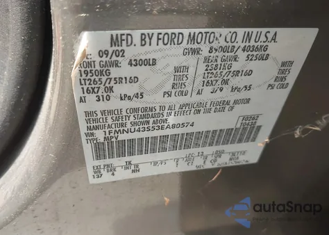 2003 Ford Excursion Limited z USA, uszkodzony, nr VIN 1FMNU43S53EA80574